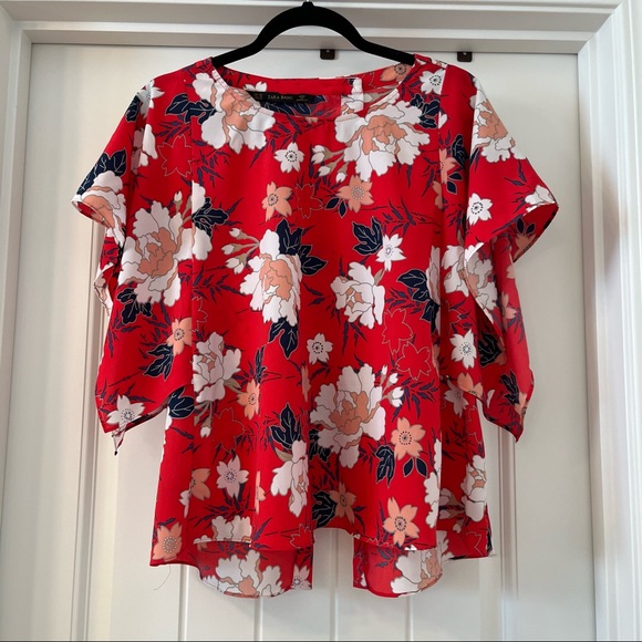 ZARA BASIC Women’s Blouse. Kimono Sleeve/Split Back. Size XS. Red Floral. - Picture 2 of 8